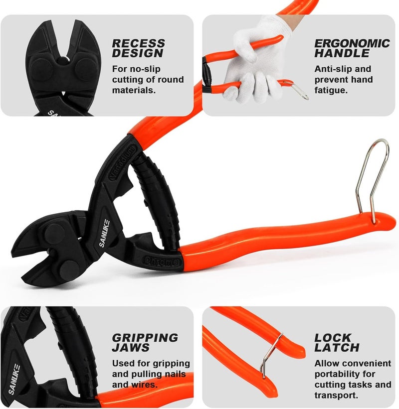 Sanuke 8-inch Mini Bolt Cutter with Recess and Spring, Heavy Duty Bolt Cutter with Security Lock, Ergonomic Handle, CR-V Steel Blade for Wire, Cables, Small Screws - Image 2